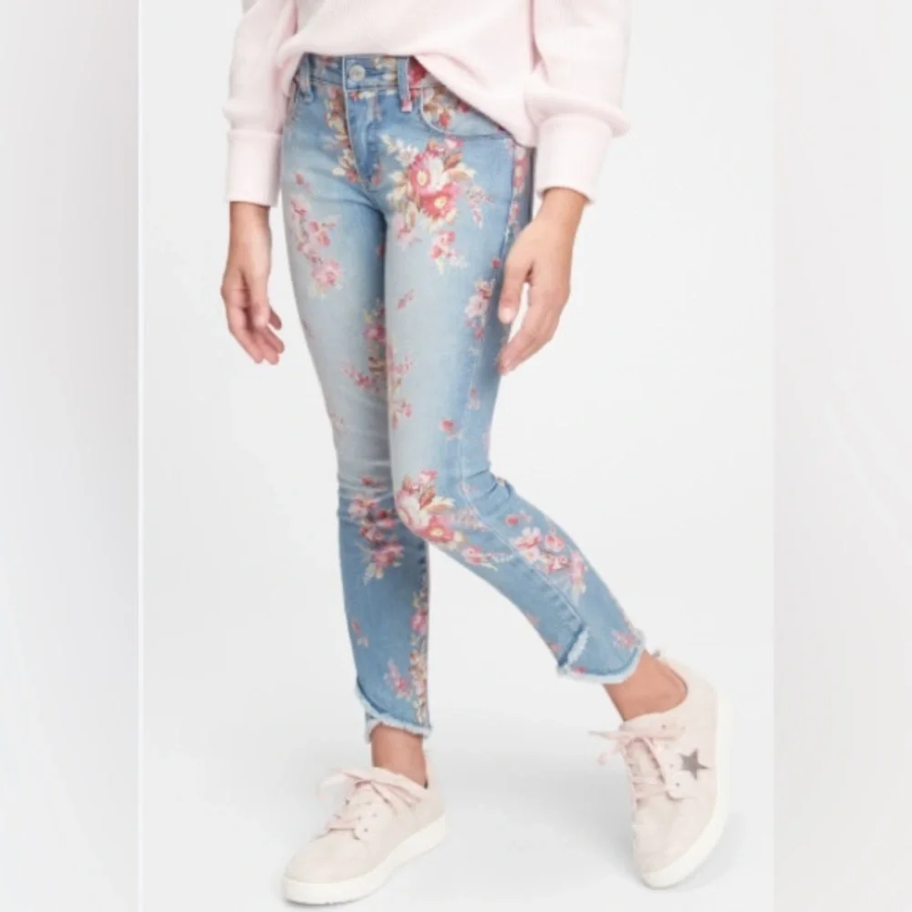 GAP Kid's Floral Light Denim Jeans, Soft Pink Vintage Flowers, Stretch, Raw Hem